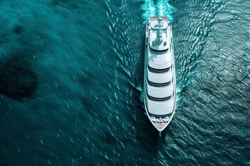 Aerial view of a luxury yacht cruising through pristine turquoise waters. Perfect for travel, leisure, and lifestyle concepts. Modern and elegant design. Generative AI