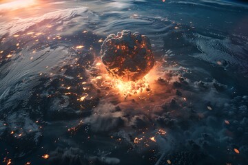 Dramatic asteroid impact on Earth's surface in spectacular digital concept art. Captures a decisive moment in apocalyptic science fiction. Perfect for educational purposes. Generative AI