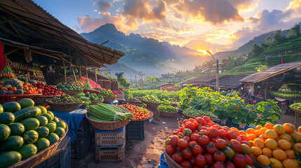 Sunset illuminates a rural Vietnamese market, showcasing a panorama of lush