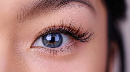 Obraz premium Eyelash extension procedure. Beautiful female asian eyes with long lashes closeup.Generative AI