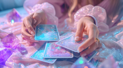 The hands of a fortune teller lays out and reads tarot cards, predicts fate in a mystical atmosphere with candles.Generative AI
