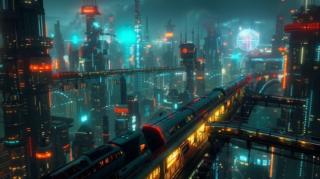 A futuristic metropolis illuminated by neon lights and holographic projections, with towering skyscrapers and sleek monorails traversing the cityscape,