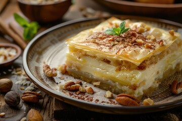 Umm Ali Egyptian Dessert, Egyptian Bread Pudding Made with Sweet Pastry Dough Layers, Milk, Sugar
