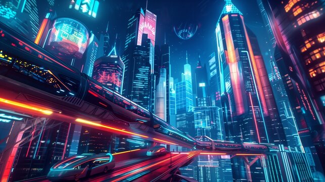 A futuristic metropolis illuminated by neon lights and holographic projections, with towering skyscrapers and sleek monorails traversing the cityscape,