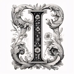 Luxury capital letter I in Victorian style with floral ornament.