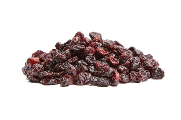 Pile of dried cranberries set isolated on white background. Deep red, wrinkled textures and glossy...
