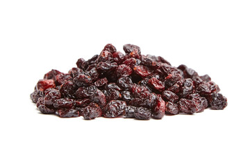Pile of dried cranberries set isolated on white background. Deep red, wrinkled textures and glossy surfaces, preserved state. Healthy snacks, baking ingredients, or natural food products