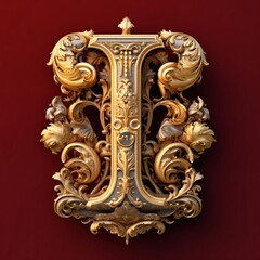 Luxury golden capital letter I decorated with baroque elements.