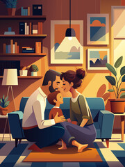 Intimate Family Moment at a Cozy Home Interior. World Kissing Day