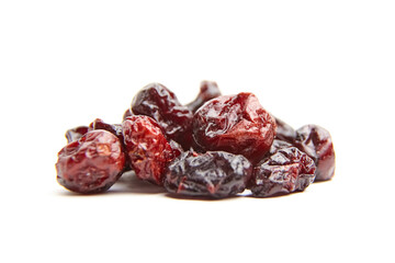 Dried cranberries isolated on white background. Sweet red berries closeup