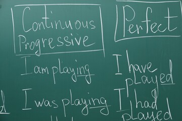 English grammar rules written with chalk on green board