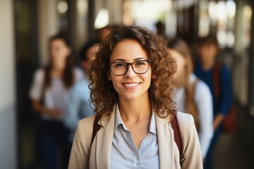 Obraz premium A woman with curly hair and glasses is smiling and posing for a picture