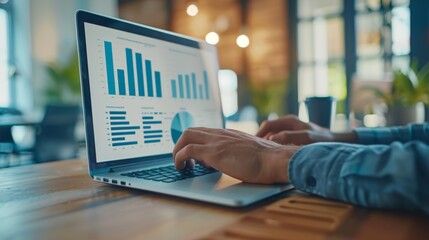Close-up of a businessman studying marketing statistics and financial charts on his laptop in a sleek office setting