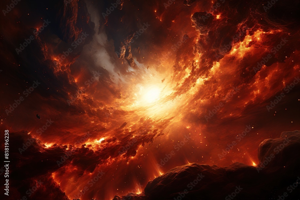 Wall mural a space scene with a bright sun exploding in the center and a large red cloud