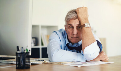 Mature, businessman and portrait with stress in office for burnout, overworked and tired of project...