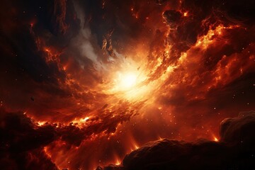 A space scene with a bright sun exploding in the center and a large red cloud