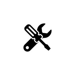 A simple black and white icon depicting a crossed wrench and screwdriver, representing repair, maintenance, or technical support services.