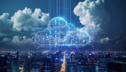 A cloud of data is projected onto a city skyline by AI generated image