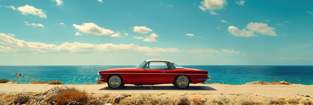 A red car is parked on a beach next to the ocean