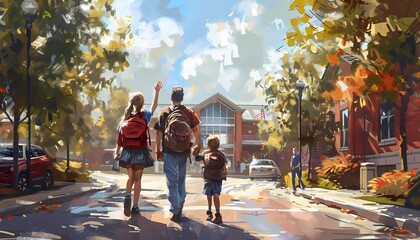 Obraz premium Parents dropping off their children at school, kids waving goodbye, no text