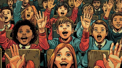Students and teachers in a school assembly, excited expressions, no text
