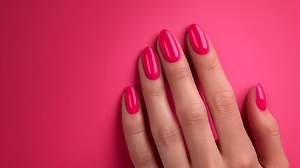  A woman's hand with a bright pink manicure against a pink background
