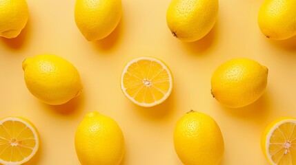  A cluster of lemons aligned on a yellow countertop One whole lemon split in two