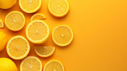  A collection of lemons arranged together against a yellow backdrop; one is halved, while another is sliced