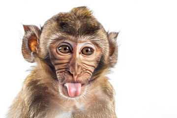A monkey making a funny face, sticking out its tongue, isolated on a white background