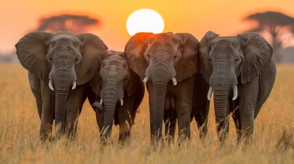  A herd of elephants congregates on a verdant field as the sun sinks behind them
