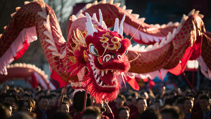Fototapeta premium photography of red chinese dragon costume in chinese parade or New Year's celebration, during the day