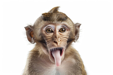 A monkey making a funny face, sticking out its tongue, isolated on a white background