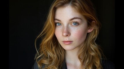 A woman with freckled hair and blue eyes gazes intently into the camera
