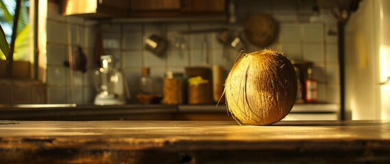 A coconut sits on top of a wooden table.