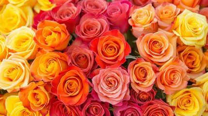  A square arrangement of multicolored roses on a white backdrop, each with a green stem, is featured at the image's center