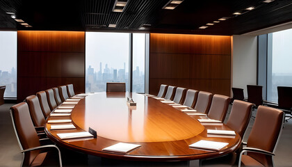 Round Table In Empty Corporate Office Conference Meeting Room With Chairs Company Board Executive Professional Work Setting City Skyline Backdrop