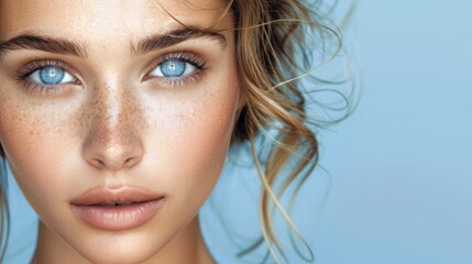  A close-up of a woman with freckles dotting her face as wind sweeps through, rustling her hair