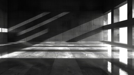 an empty room in sunlight, windows transmitting rays, wooden floor beneath