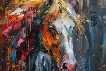 Abstract oil painting with gold, horse, wall art, knife painting, paint spots and strokes. Large stroke oil painting, mural, art wall.
