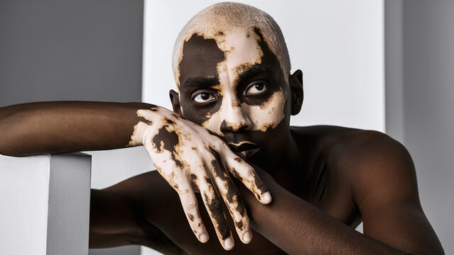 fashion portrait phoography of young black man with vitiligo skin condition, diverse models