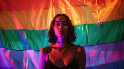 A transgender individual standing in front of a rainbow flag backdrop, bathed in dramatic and empowering lighting.