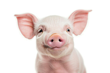 A piglet with a wide smile, looking joyful, isolated on a white background