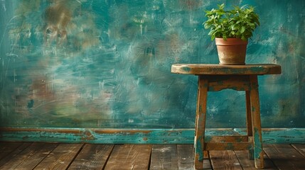  A table, small in size, holds a potted plant In front, a wall houses a painting