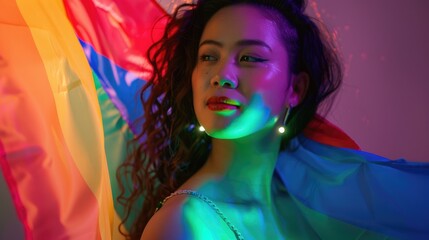 A transgender person confidently posing with a rainbow flag draped over their shoulders, with colorful lighting highlighting their pride.