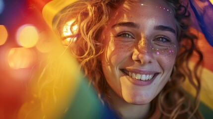 A portrait of a transgender individual smiling brightly, wrapped in a rainbow flag, with soft, warm lighting enhancing their features.