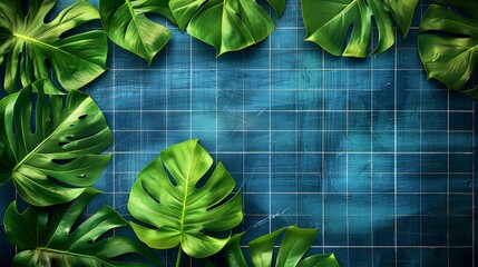  A blue tiled wall with green leaves atop and a secondary blue tiled wall behind it