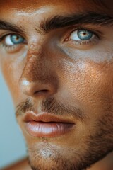 a man's face with flawless skin, radiating a healthy glow, showcasing the improvement of skin health through natural cosmetics. 