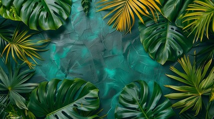  A painting of green leaves against a blue background, yellow leaves contrasting, and a green wall in the foreground