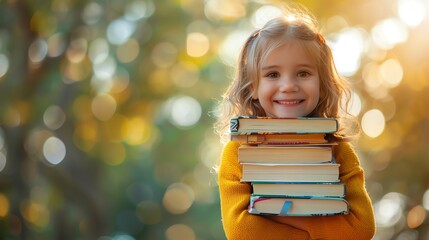 Little smiling girl holding a pile of books against a blurred background