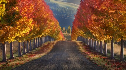 Naklejka premium Rows of trees lining a path transform into a rainbow of red yellow and orange hues creating a scenic wonderland.